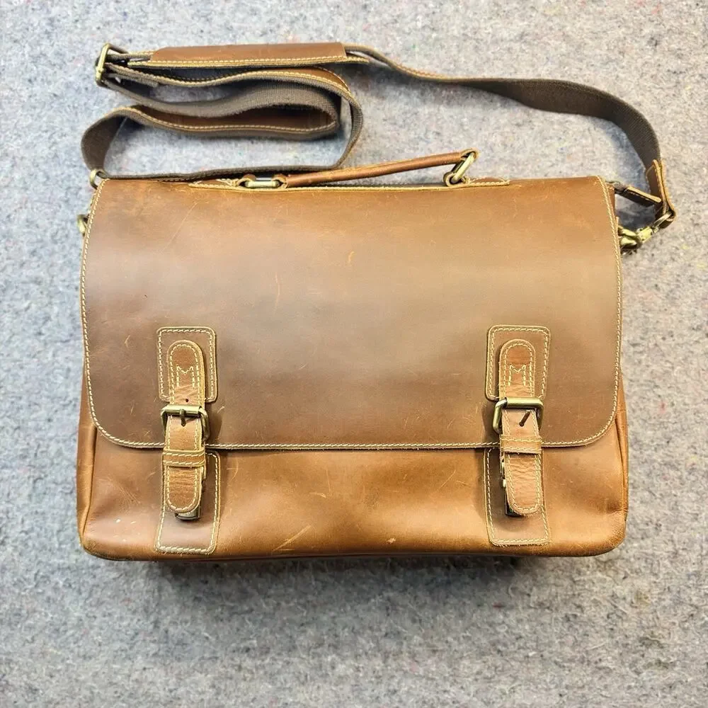 Vintage Brown Leather Messenger Laptop Briefcase Satchel Crossbody Work Bag 16”
